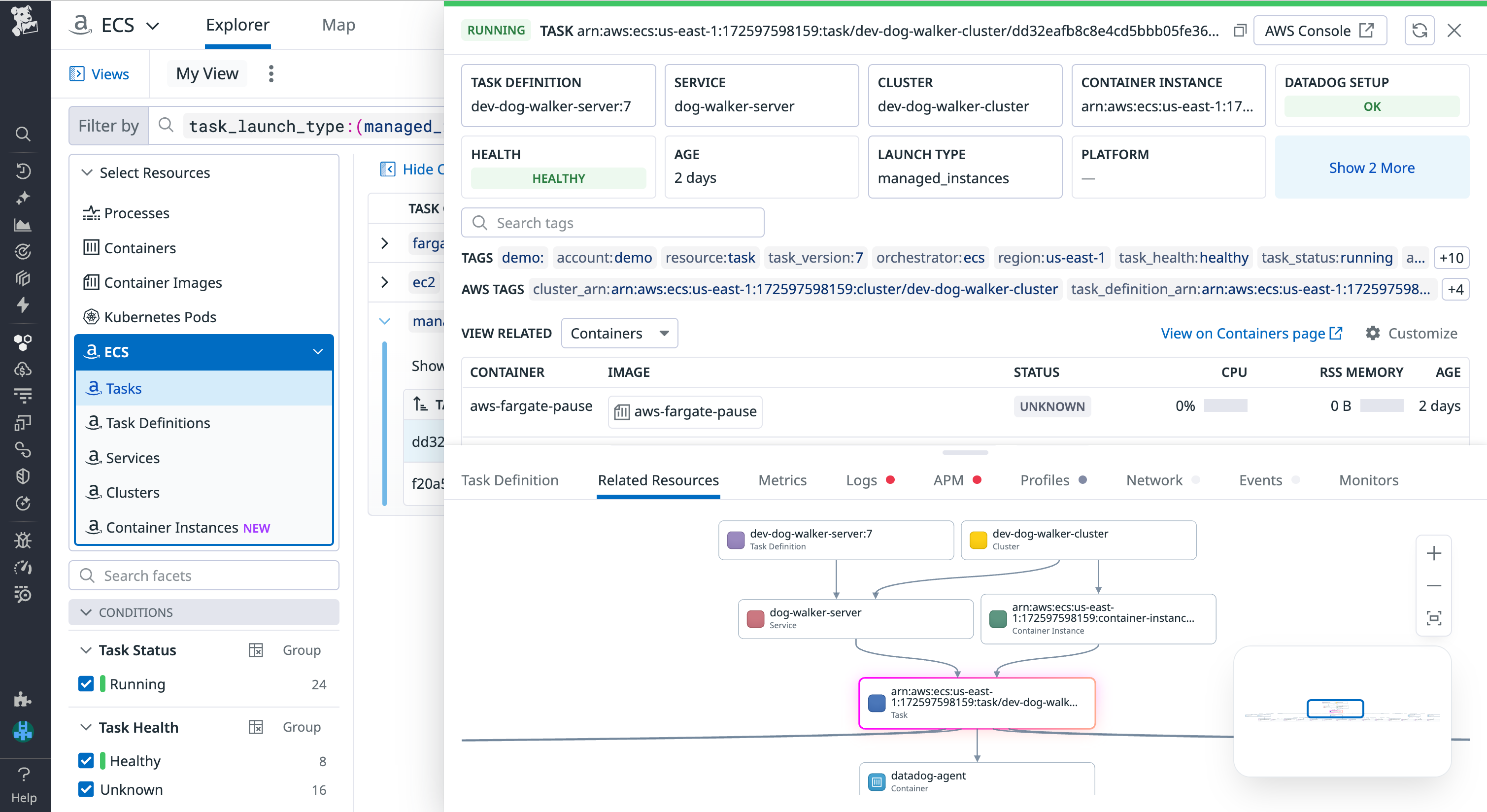 View resources related to your ECS Managed Instance Tasks.