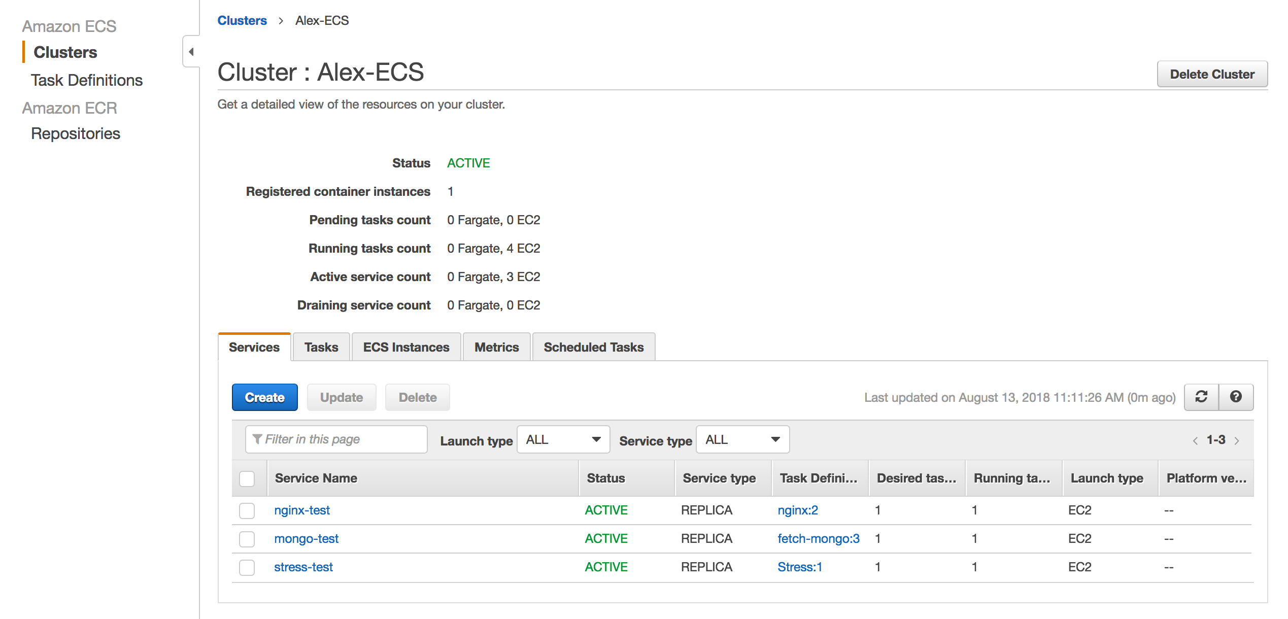Overview of an ECS cluster within the AWS console, showing task status for ECS monitoring.