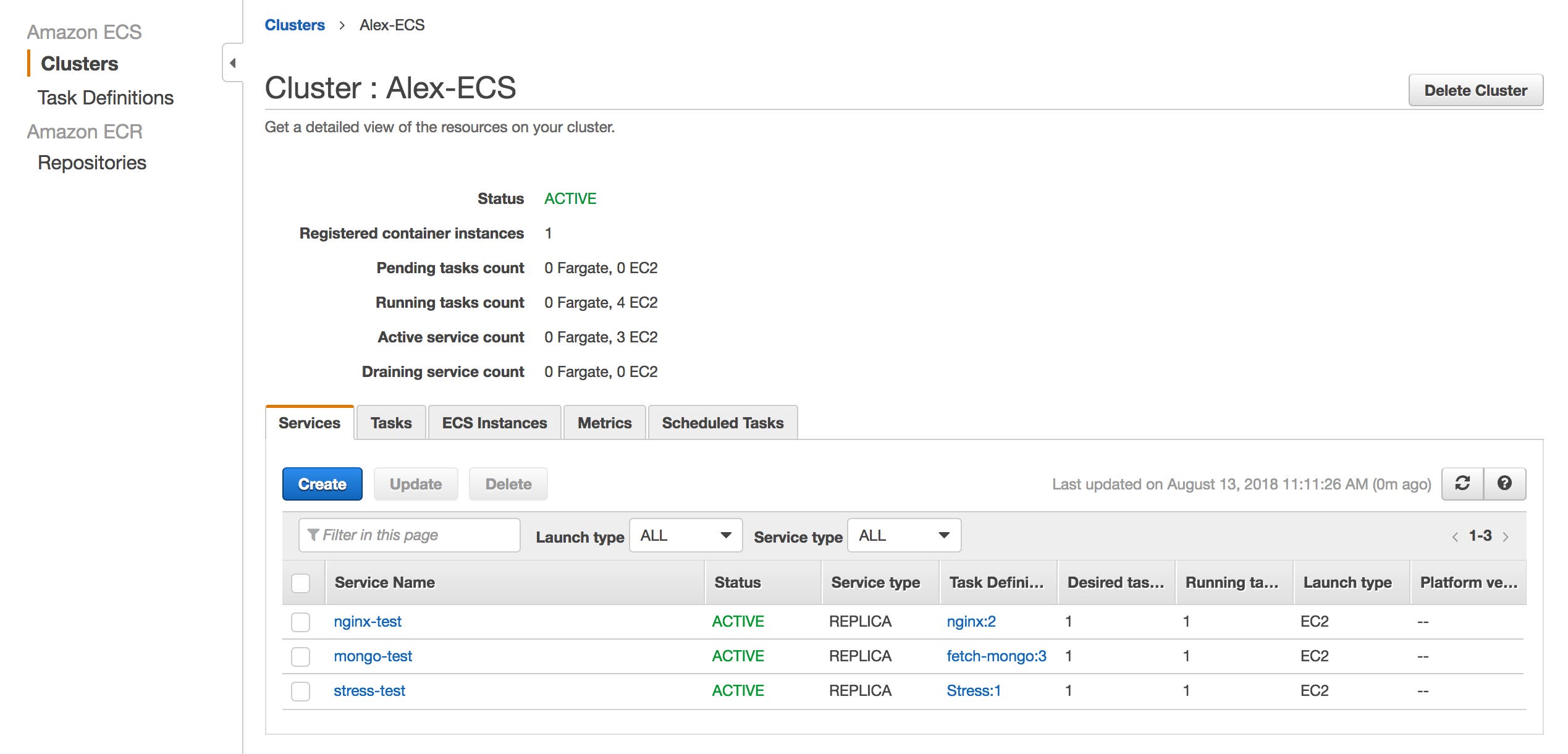 Overview of an ECS cluster within the AWS console, showing task status for ECS monitoring. Overview of an ECS cluster within the AWS console, showing task status for ECS monitoring.