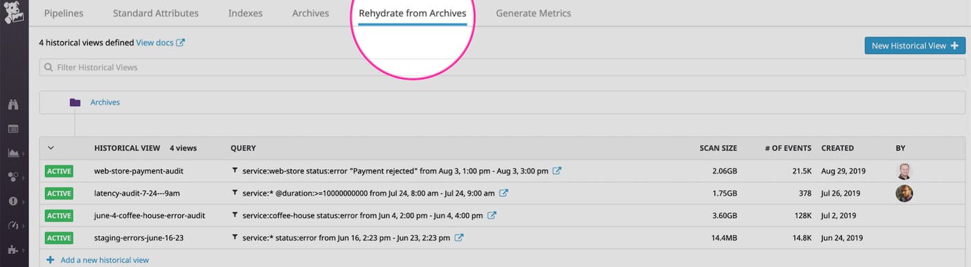 Select Rehydrate from Archives to create a Historical View Select Rehydrate from Archives to create a Historical View