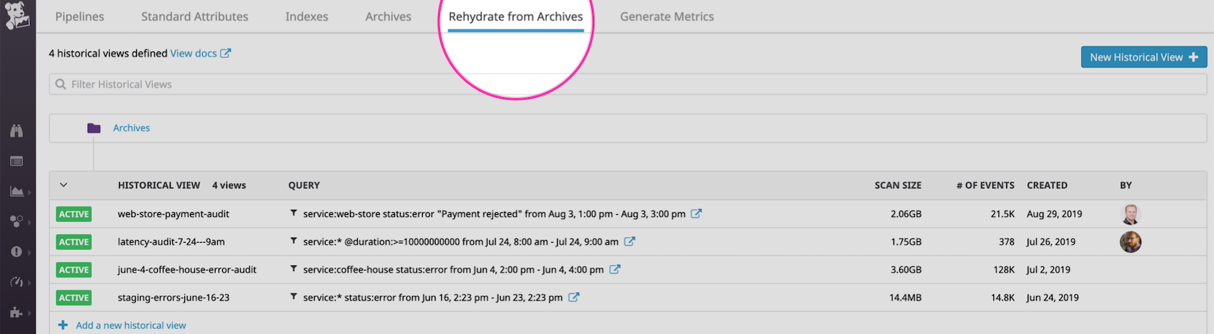 Select Rehydrate from Archives to create a Historical View Select Rehydrate from Archives to create a Historical View