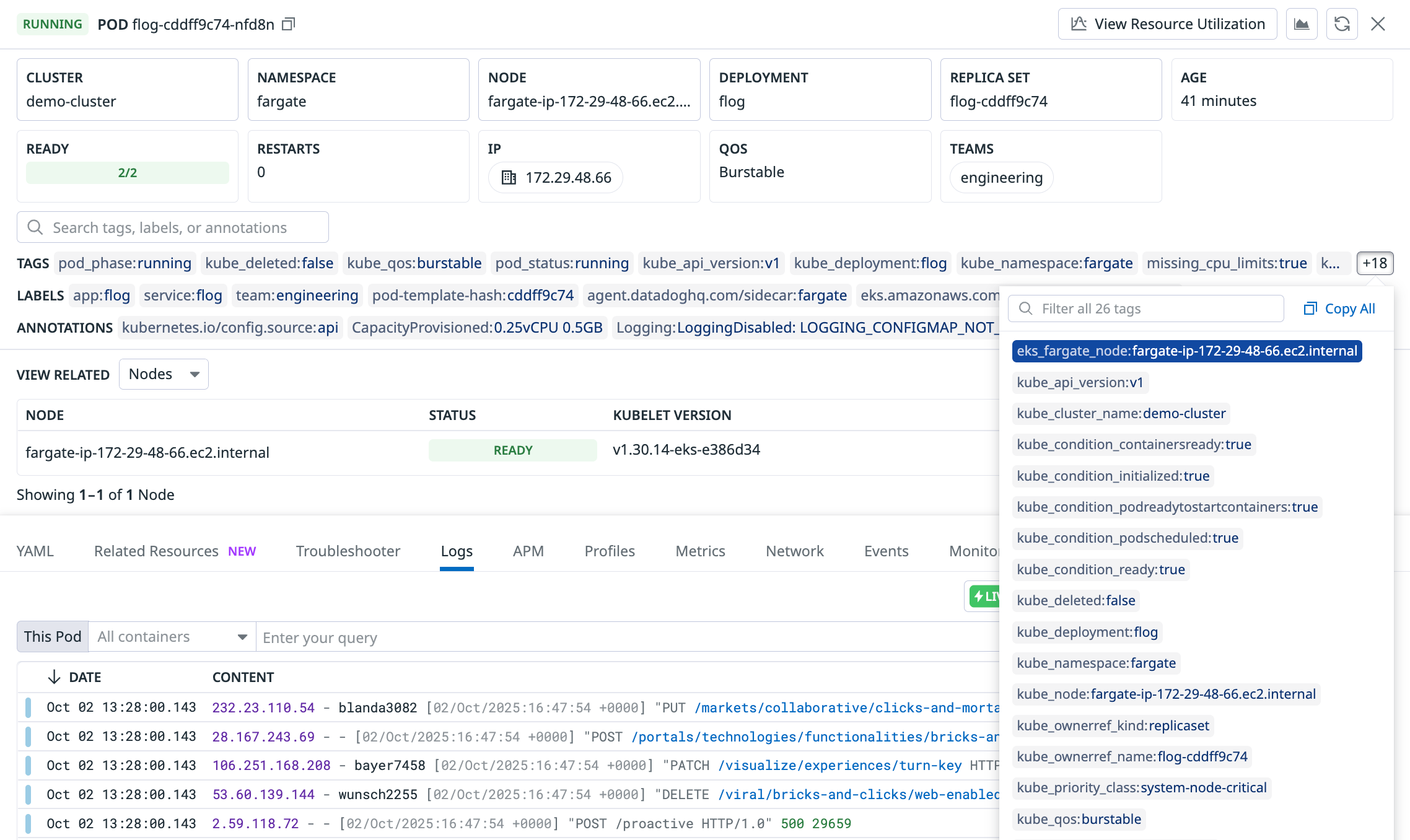 EKS Fargate logs in Datadog Log Management
