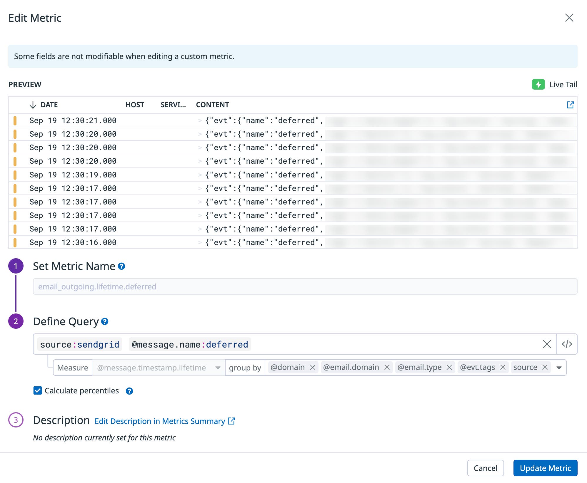 Generating a metric from email tranport logs to track delivery latencies. Generating a metric from email tranport logs to track delivery latencies.