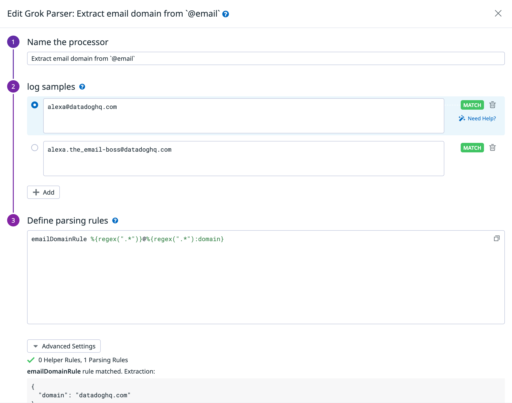 Creating a custom grok rule to extract the domain from each recipient email address in email transport logs.