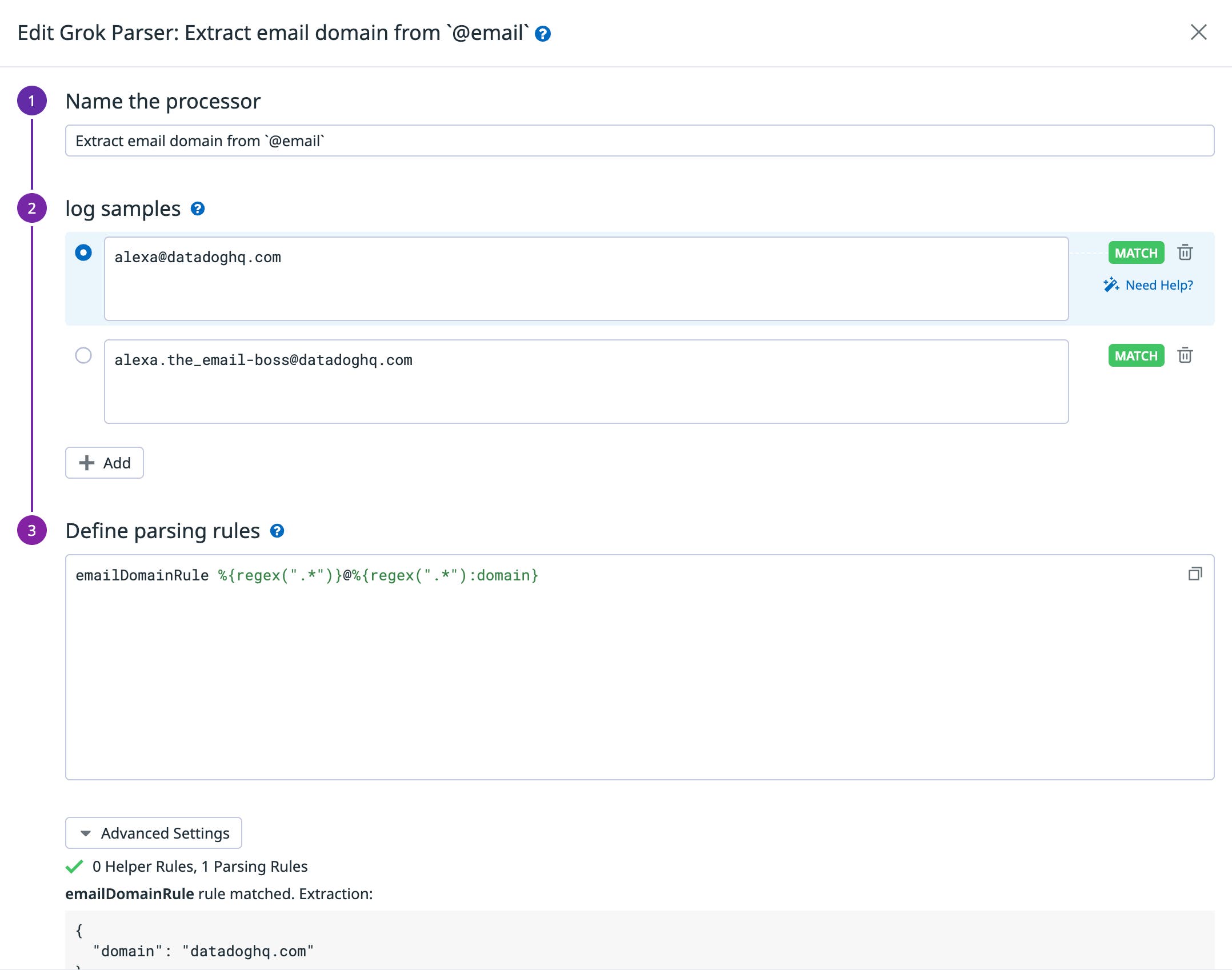 Creating a custom grok rule to extract the domain from each recipient email address in email transport logs. Creating a custom grok rule to extract the domain from each recipient email address in email transport logs.