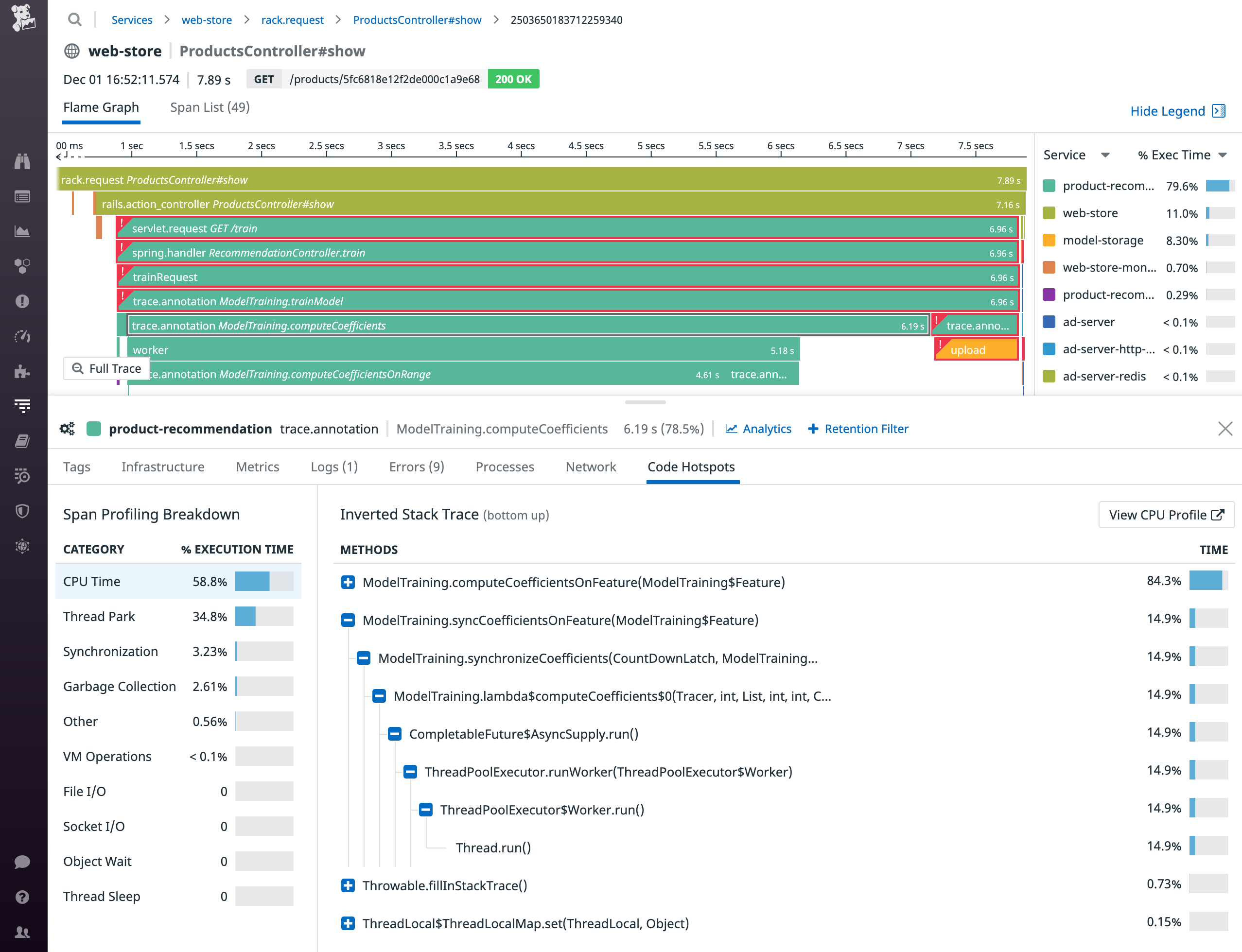 The span profiling breakdown and inverted stack trace appear below the flame graph.