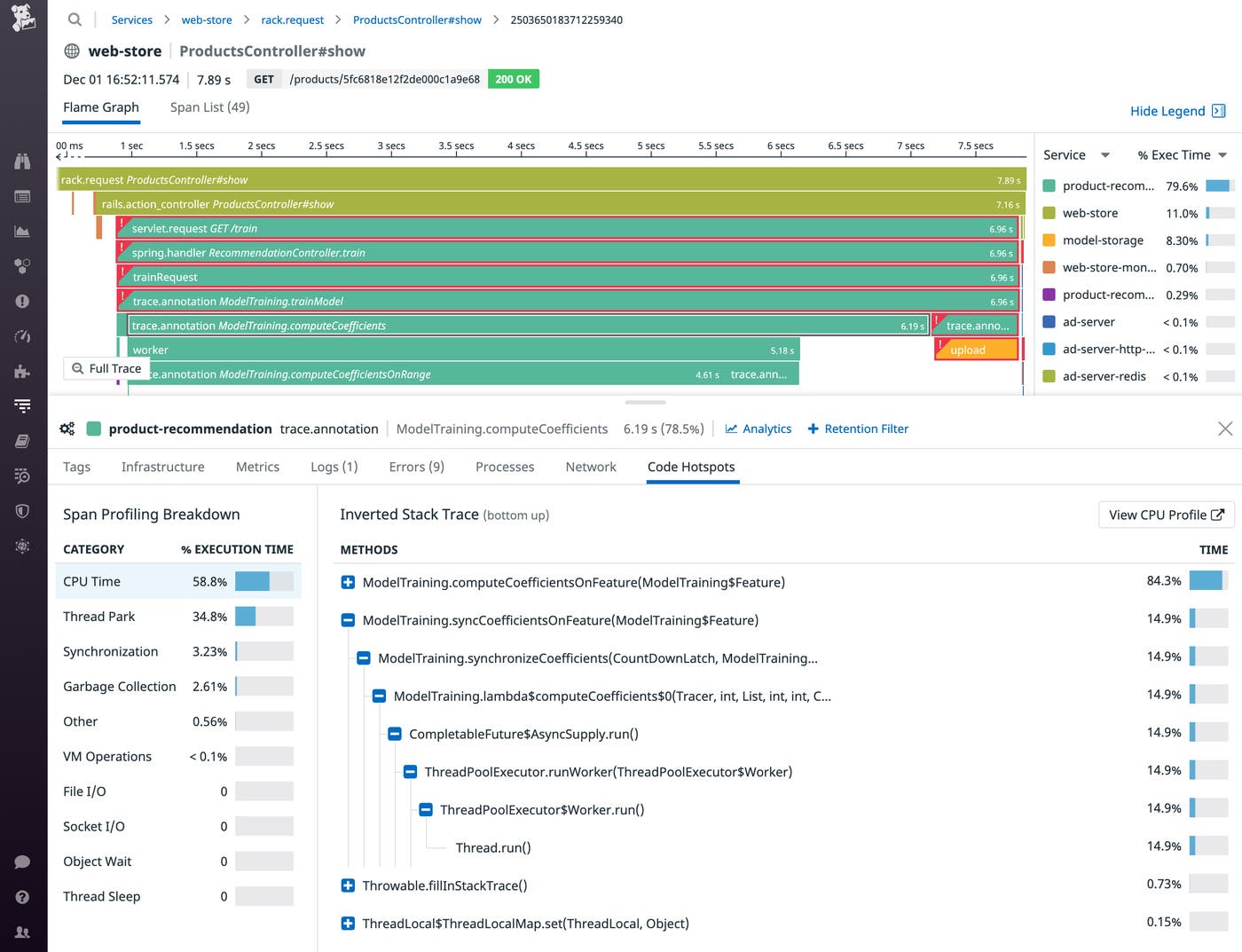 The span profiling breakdown and inverted stack trace appear below the flame graph. The span profiling breakdown and inverted stack trace appear below the flame graph.