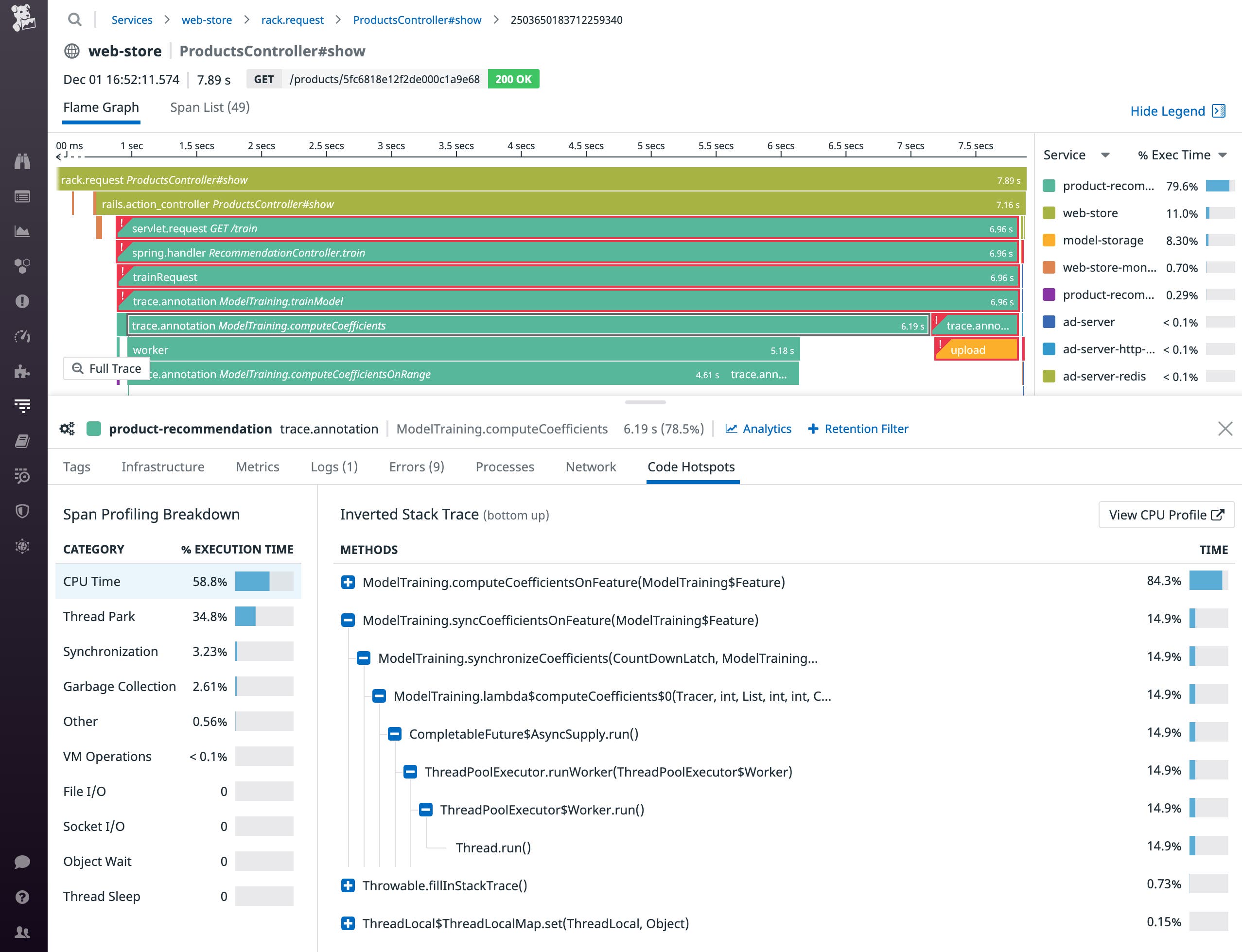 The span profiling breakdown and inverted stack trace appear below the flame graph. The span profiling breakdown and inverted stack trace appear below the flame graph.