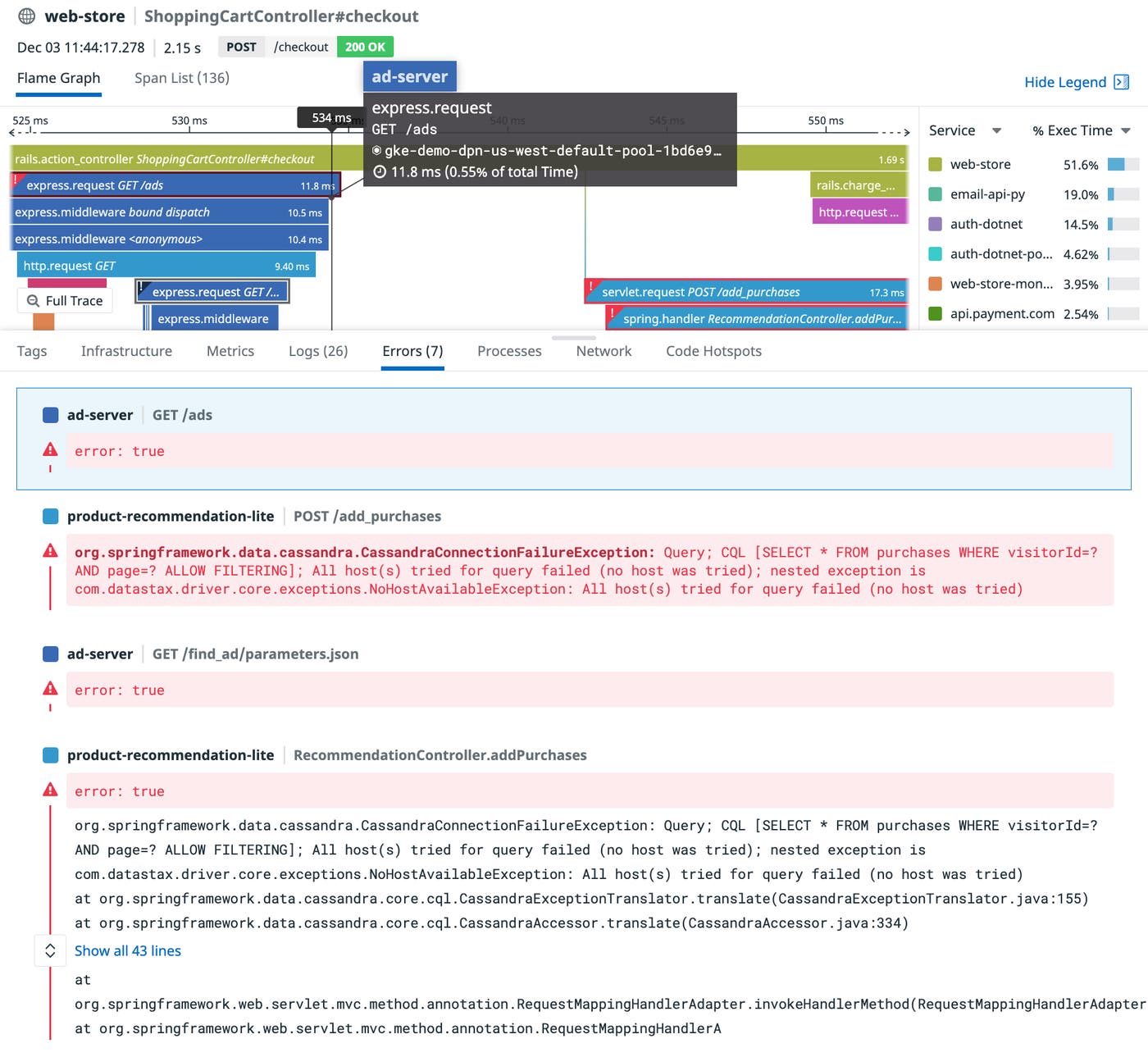 A list of errors appears below the flame graph. A list of errors appears below the flame graph.