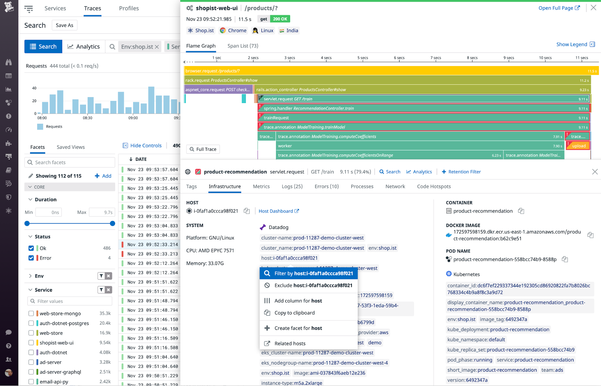 The trace view's infrastructure tab shows metadata about the host, container, pod, and Docker image.