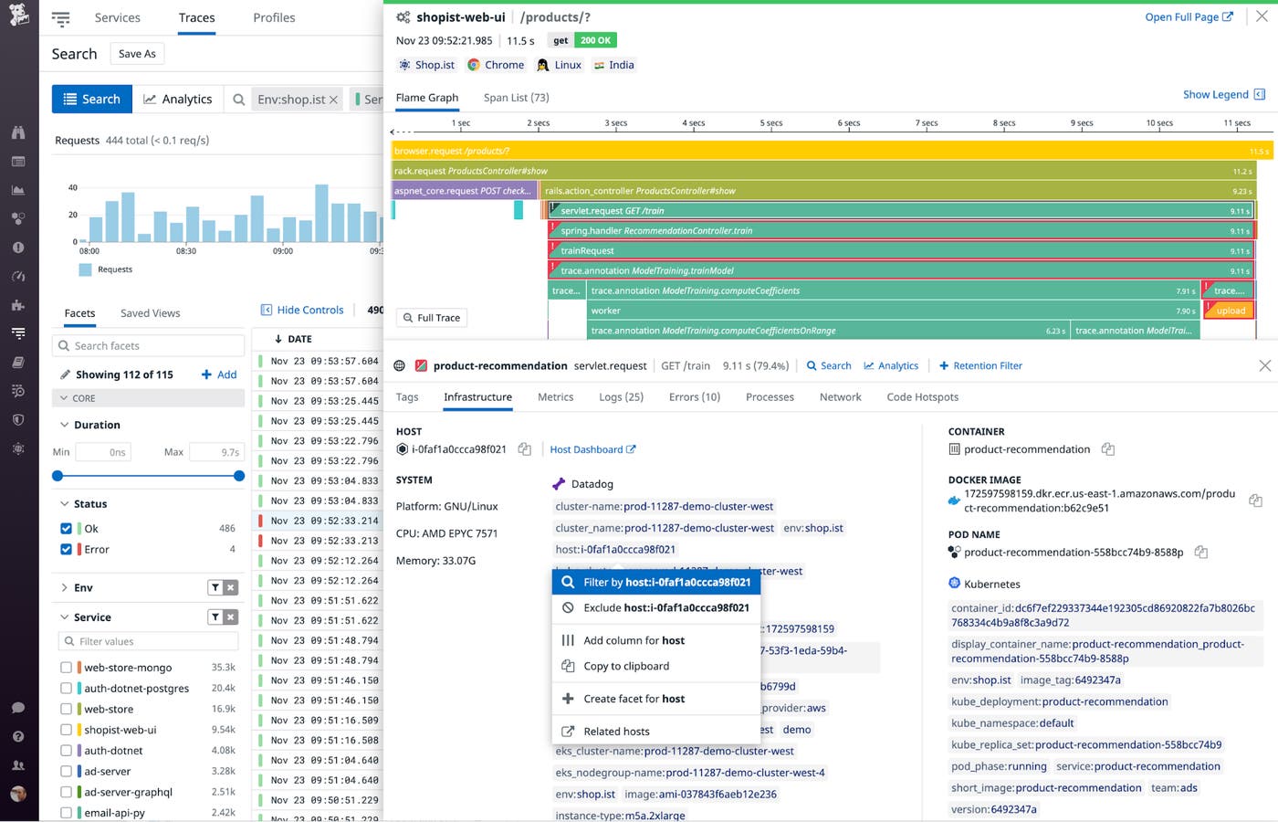 The trace view's infrastructure tab shows metadata about the host, container, pod, and Docker image. The trace view's infrastructure tab shows metadata about the host, container, pod, and Docker image.