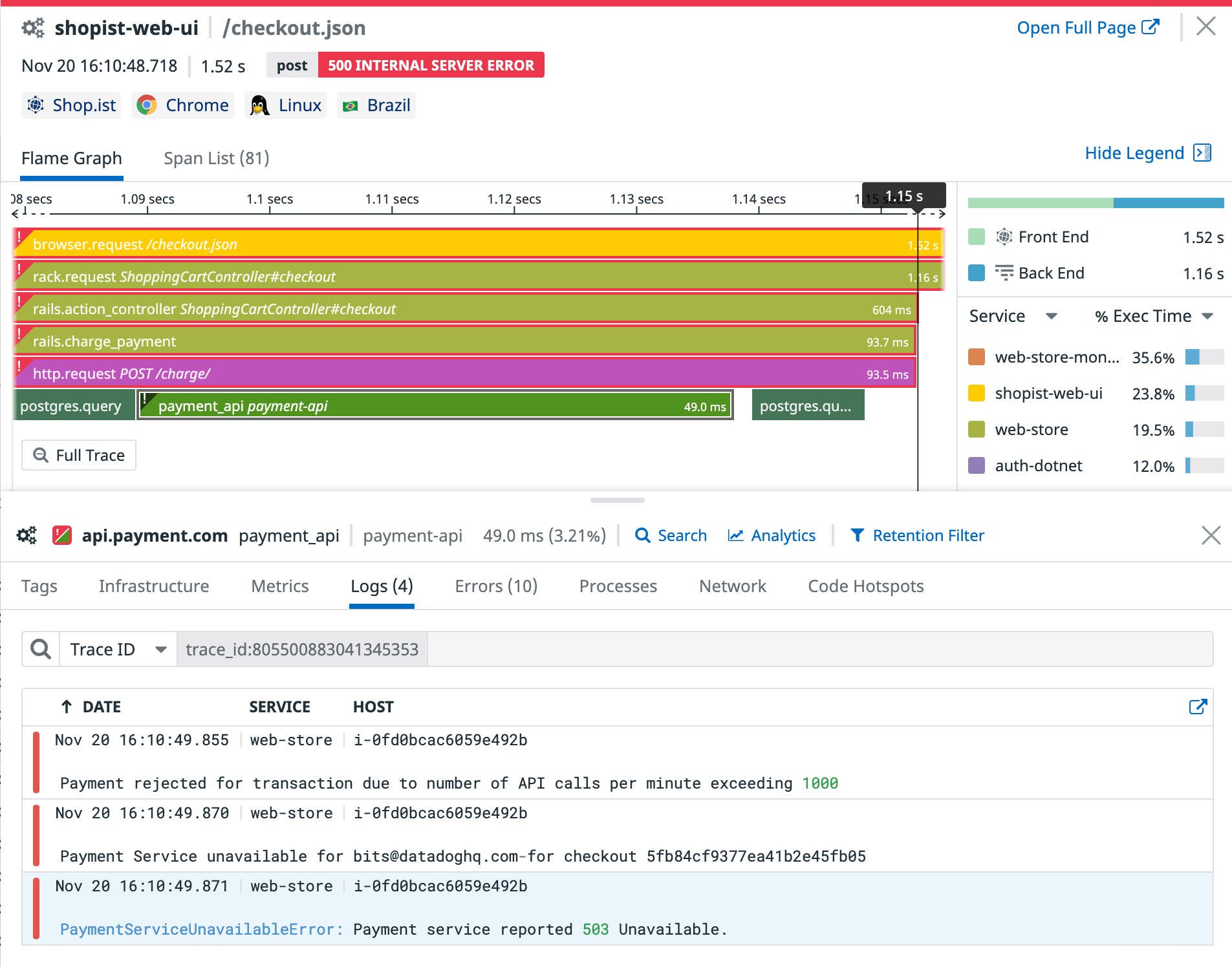 Warning logs and error logs appear below the flame graph. Warning logs and error logs appear below the flame graph.