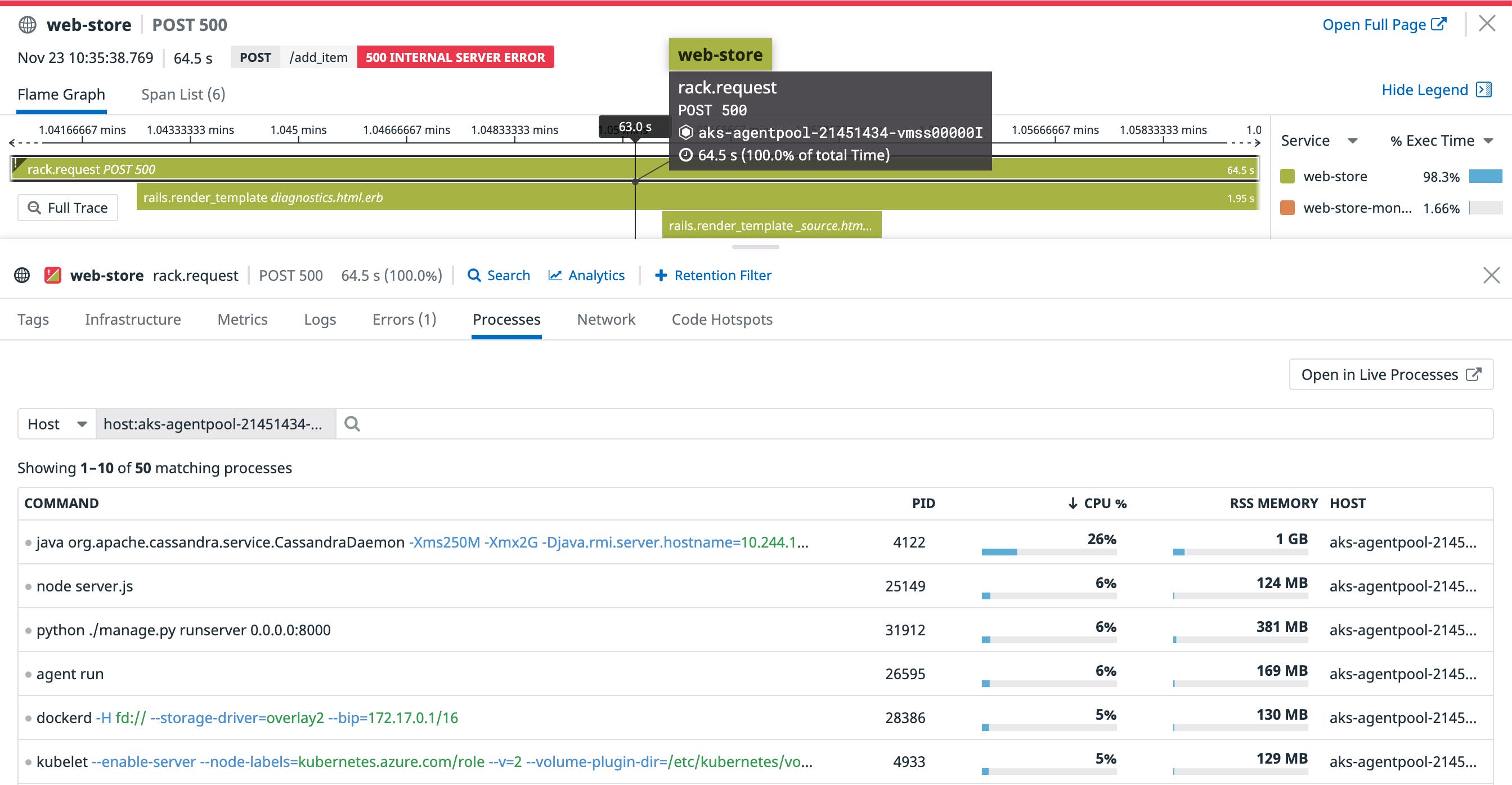 A process list appears below the flame graph and shows java, node, and Python processes running on the host. A process list appears below the flame graph and shows java, node, and Python processes running on the host.