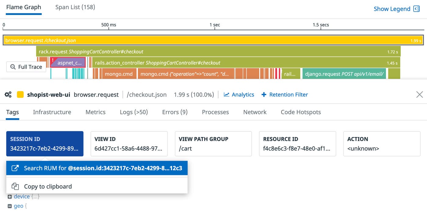 The flame graph shows spans and the tags tab shows the session ID, which we can use to pivot to RUM explorer. The flame graph shows spans and the tags tab shows the session ID, which we can use to pivot to RUM explorer.