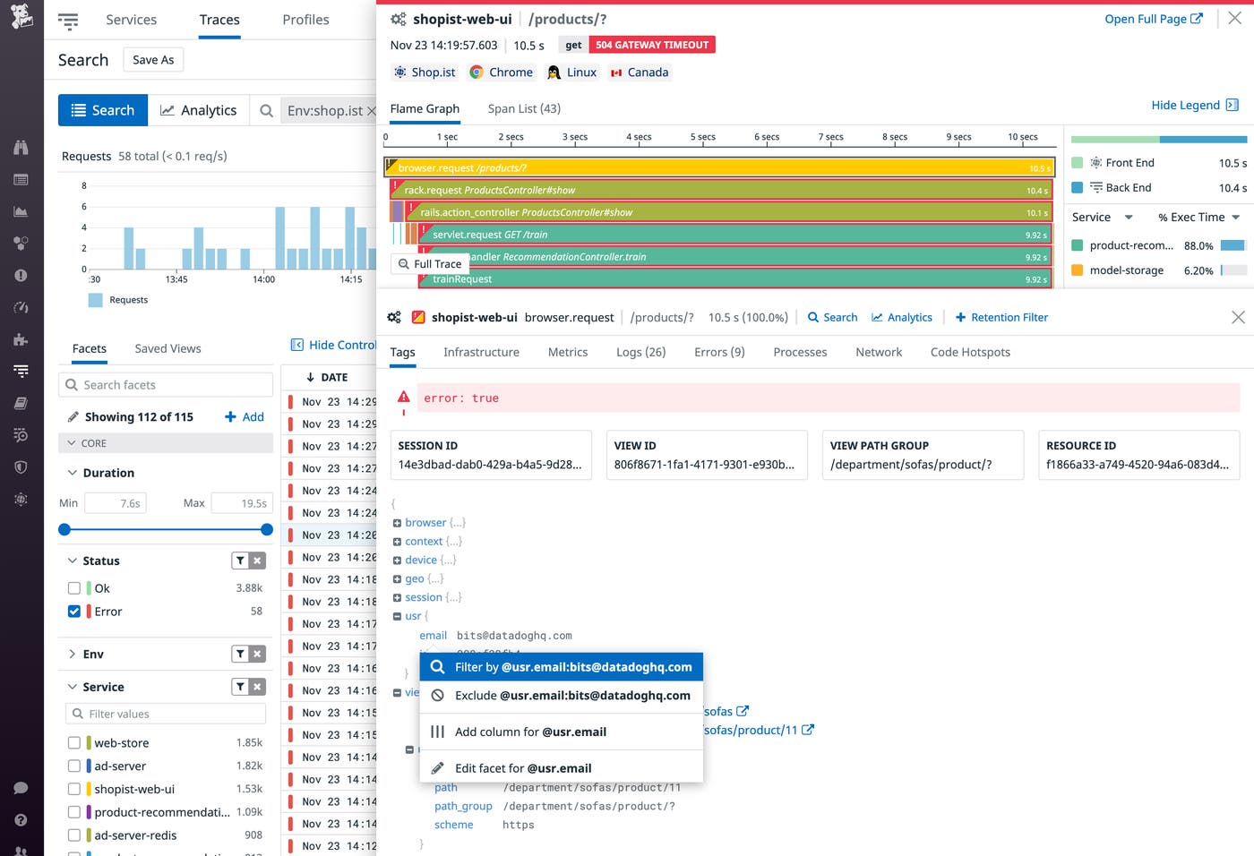 The trace view shows the flame graph and the tags tab, with session, browser, and user metadata. A context menu allows us to filter traces by user email address. The trace view shows the flame graph and the tags tab, with session, browser, and user metadata. A context menu allows us to filter traces by user email address.