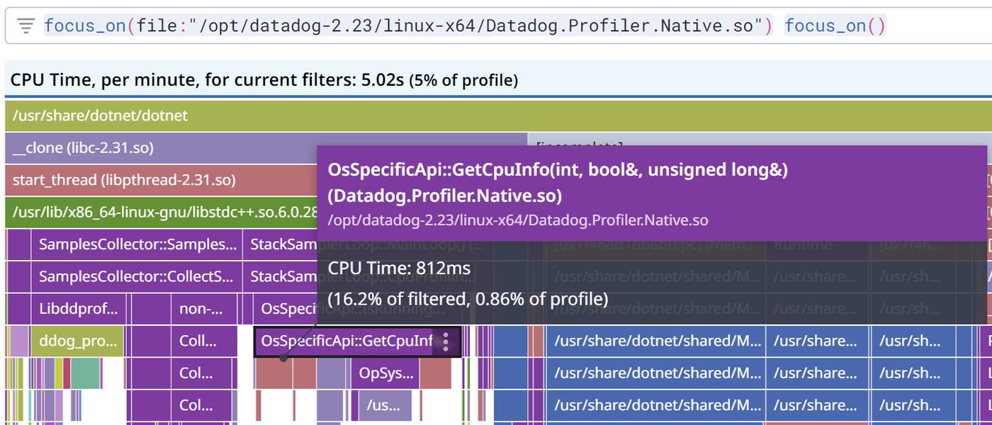 Flame graph for OsSpecificApi::GetCpuInfo, showing CPU Time: 812 ms (16.2% of filtered, 0.86% of profile) Flame graph for OsSpecificApi::GetCpuInfo, showing CPU Time: 812 ms (16.2% of filtered, 0.86% of profile)