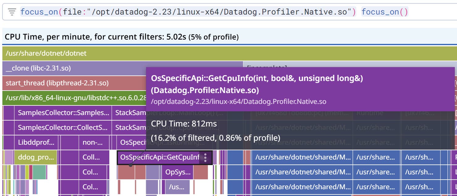 Flame graph for OsSpecificApi::GetCpuInfo, showing CPU Time: 812 ms (16.2% of filtered, 0.86% of profile) Flame graph for OsSpecificApi::GetCpuInfo, showing CPU Time: 812 ms (16.2% of filtered, 0.86% of profile)