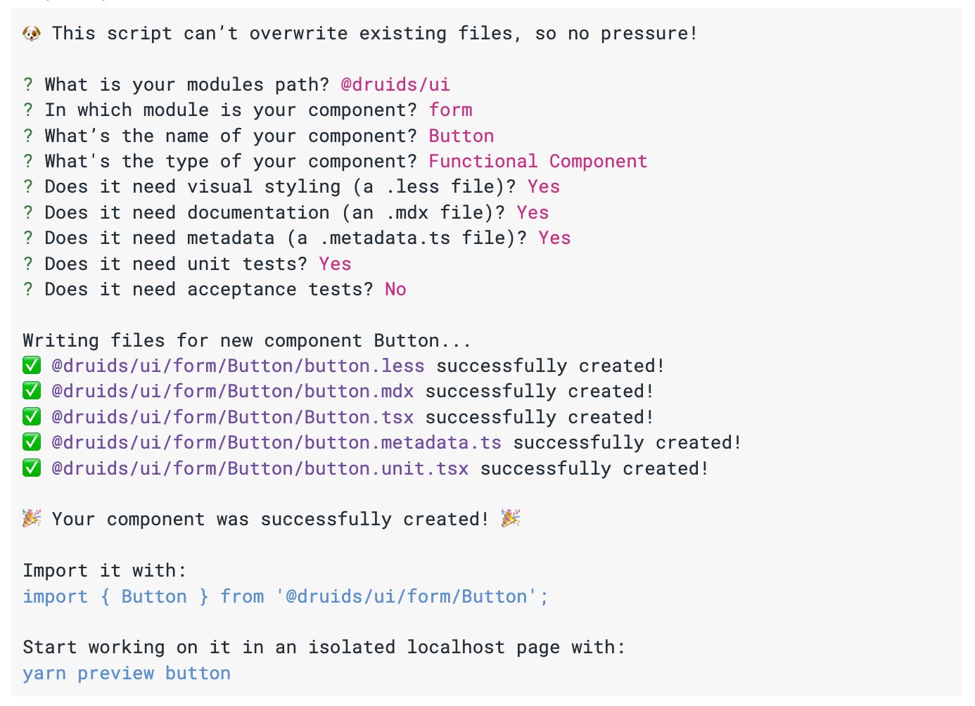 A visual of the DRUIDS component creation CLI. A visual of the DRUIDS component creation CLI.