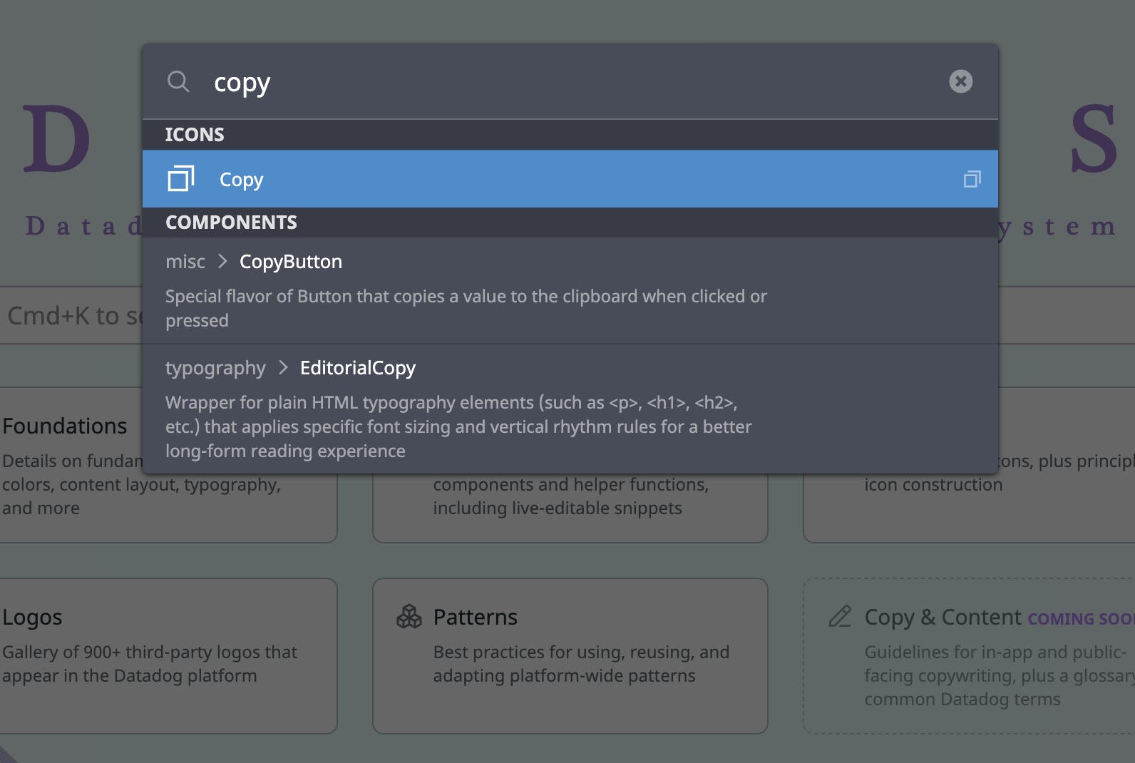 A visual of what using Cmd+K returns in the DRUIDS docs. A visual of what using Cmd+K returns in the DRUIDS docs.