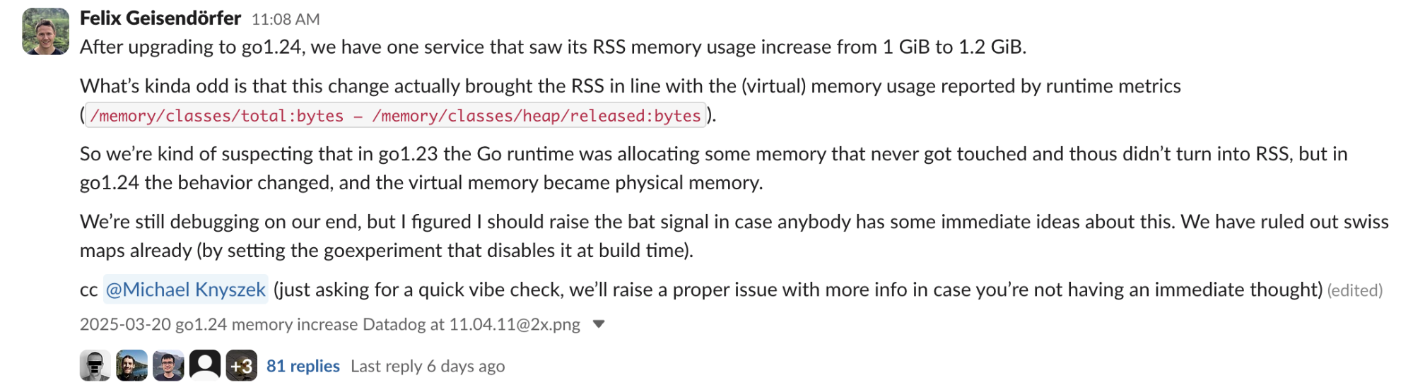 Profile showing that most memory is used by buffered channels.