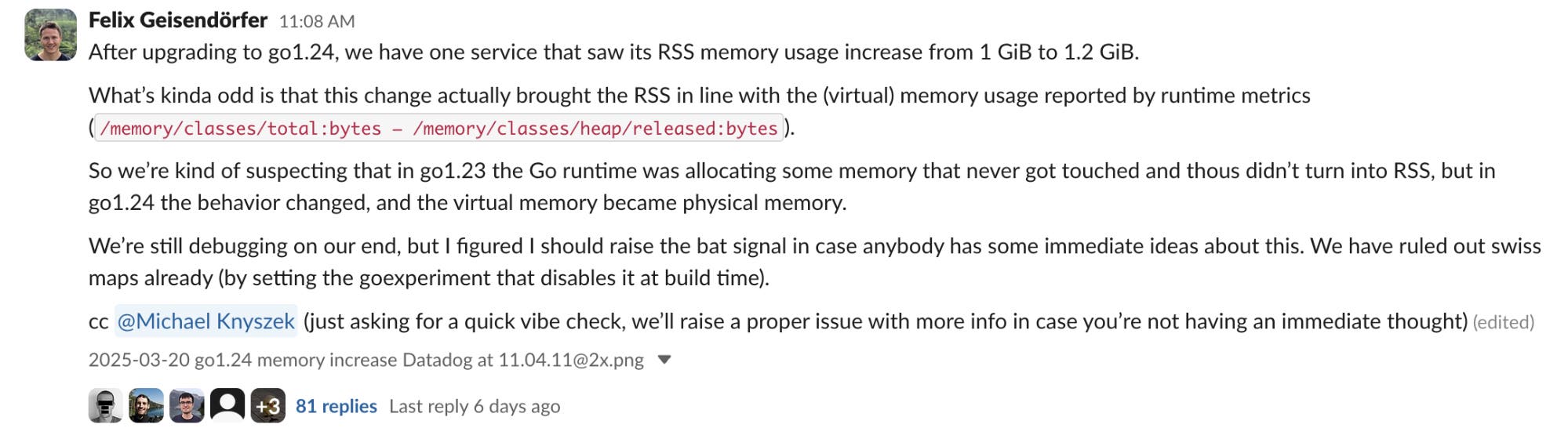 Profile showing that most memory is used by buffered channels. Profile showing that most memory is used by buffered channels.