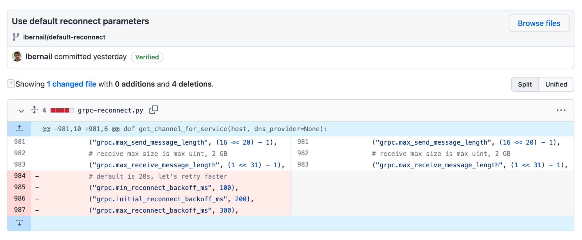A screenshot of a GitHub diff shows the removal of three lines of code that specify custom reconnect parameters.