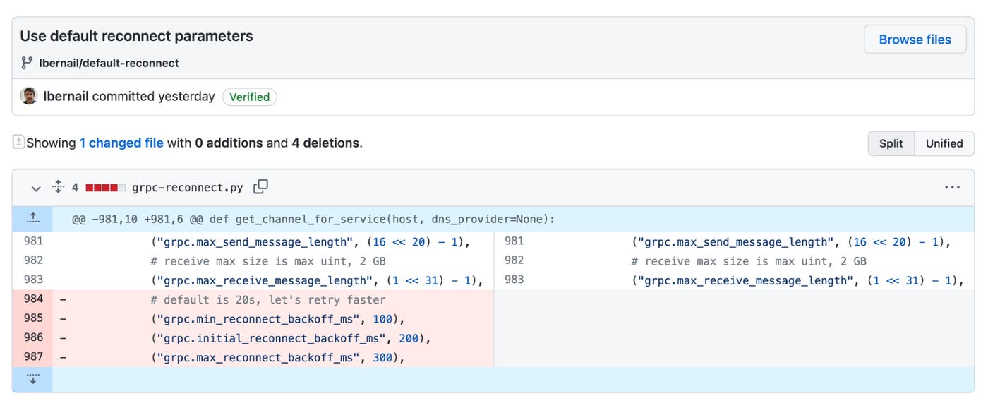 A screenshot of a GitHub diff shows the removal of three lines of code that specify custom reconnect parameters. A screenshot of a GitHub diff shows the removal of three lines of code that specify custom reconnect parameters.