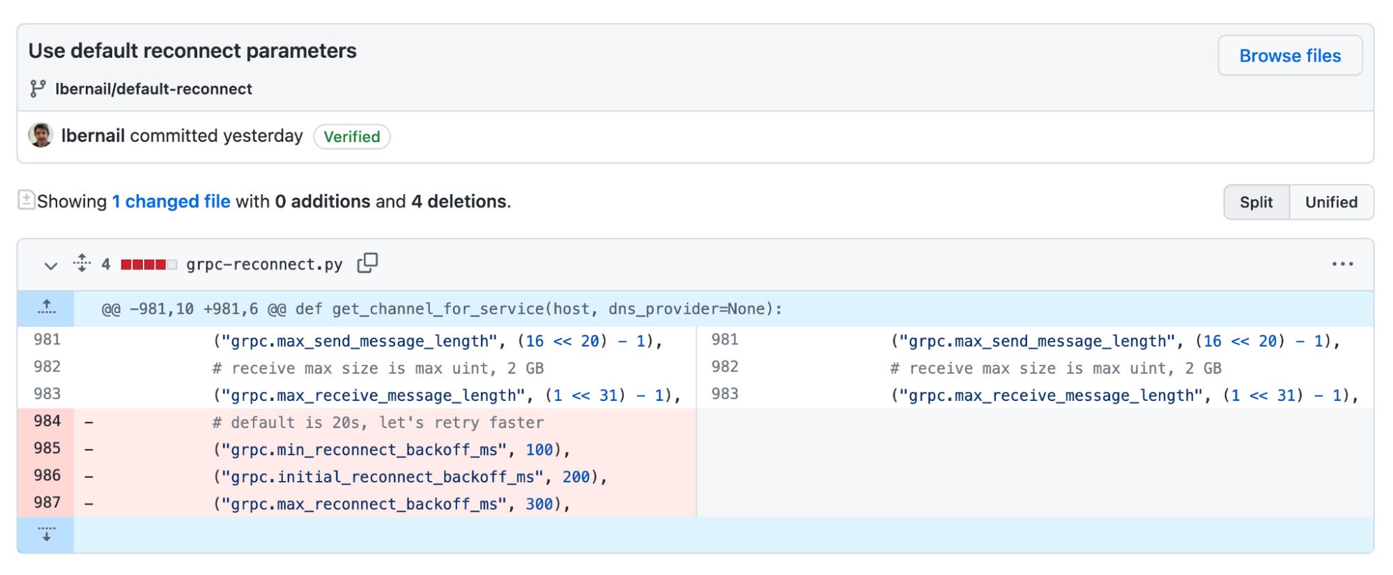 A screenshot of a GitHub diff shows the removal of three lines of code that specify custom reconnect parameters. A screenshot of a GitHub diff shows the removal of three lines of code that specify custom reconnect parameters.