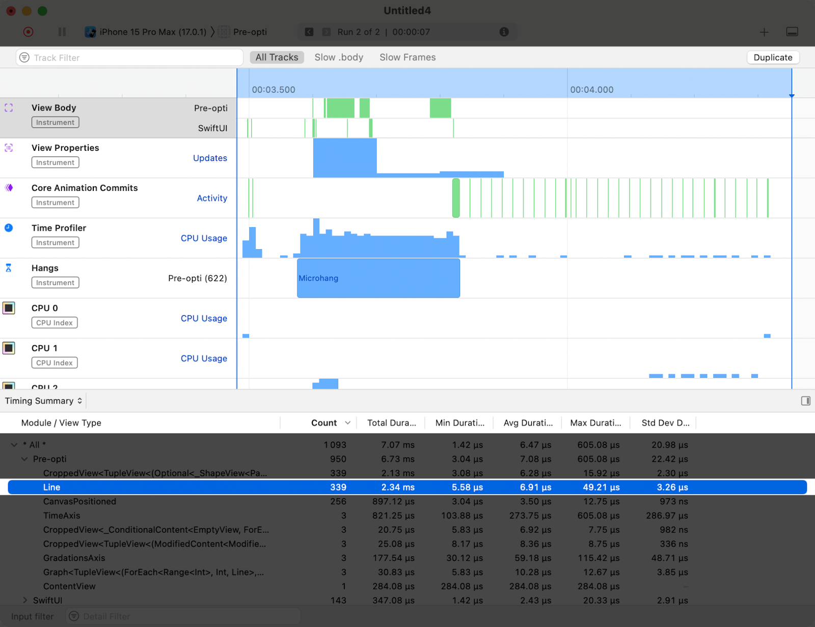 A Profiling recording with 339 evaluations on the Line layer