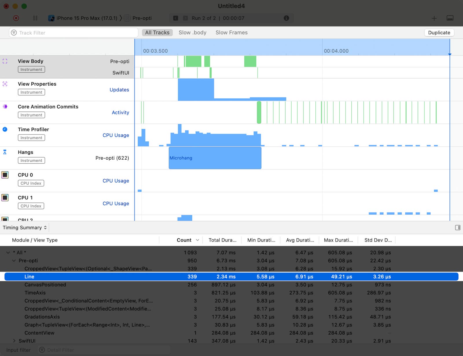 A Profiling recording with 339 evaluations on the Line layer A Profiling recording with 339 evaluations on the Line layer