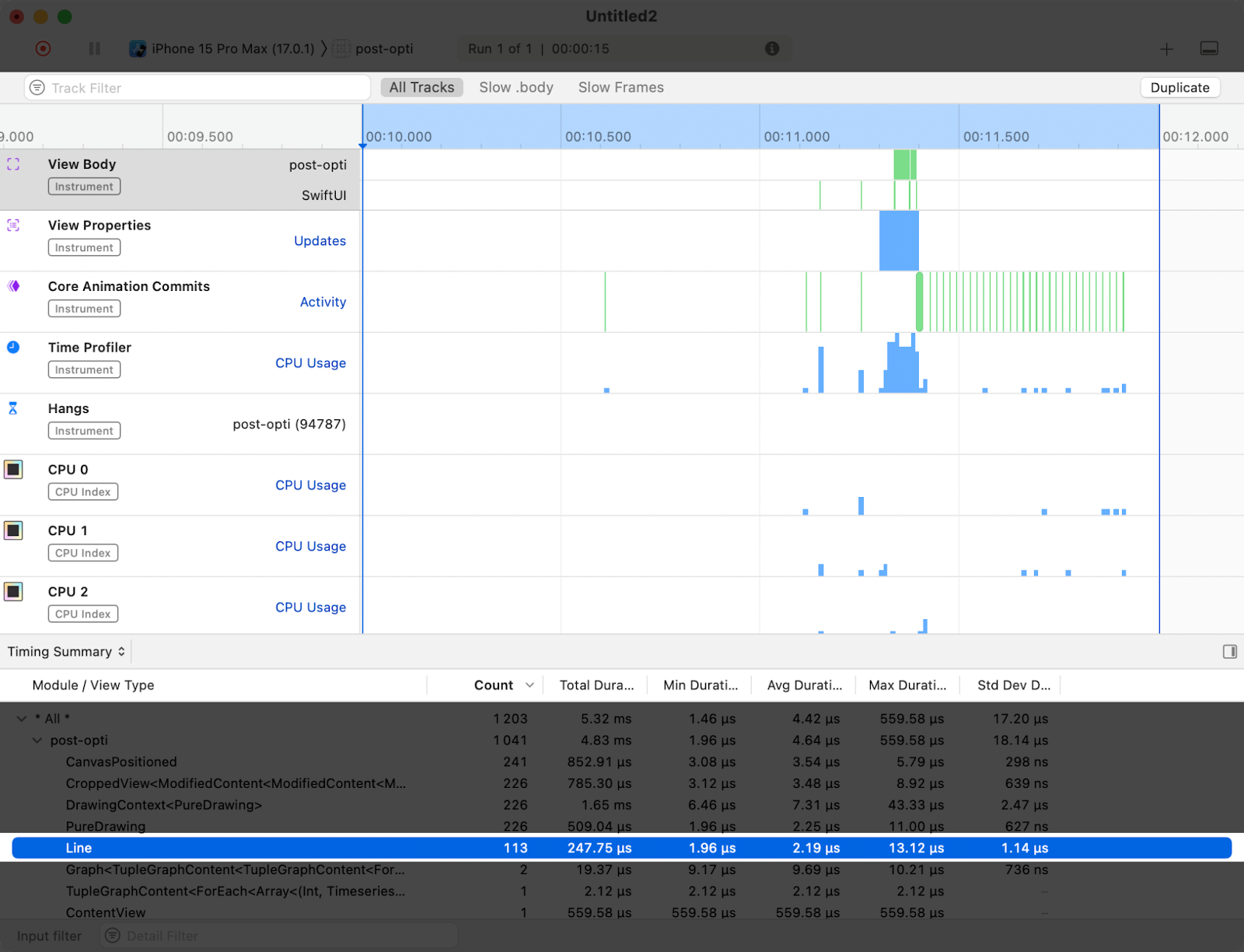 A profiling recording with 113 evaluations on the Line layer