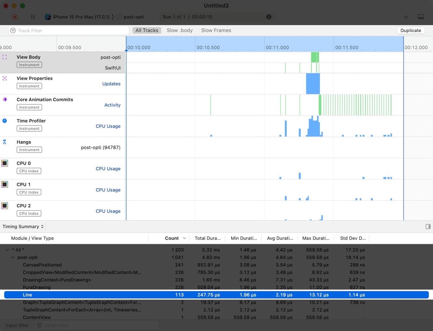A profiling recording with 113 evaluations on the Line layer A profiling recording with 113 evaluations on the Line layer