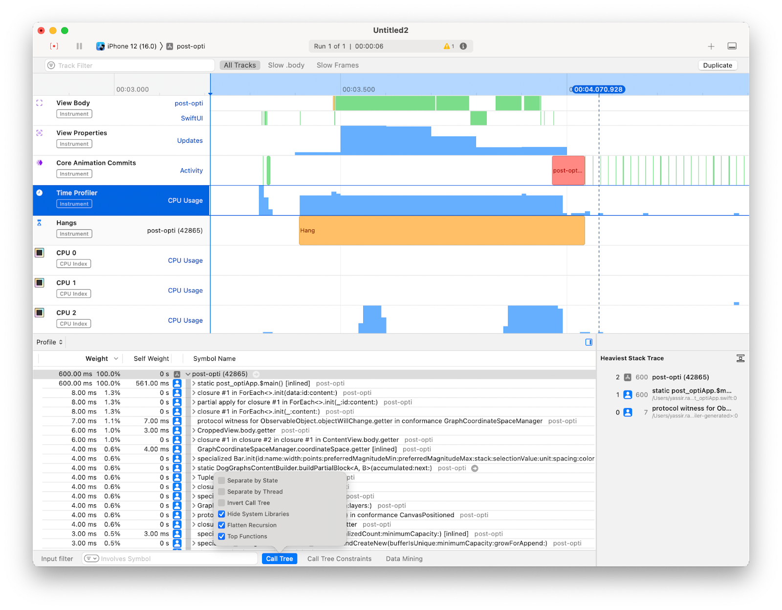 Time Profiler showing hangs during the rendering phase