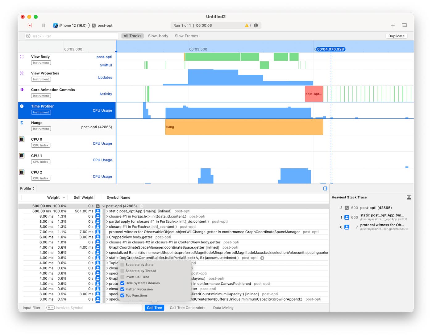 Time Profiler showing hangs during the rendering phase Time Profiler showing hangs during the rendering phase