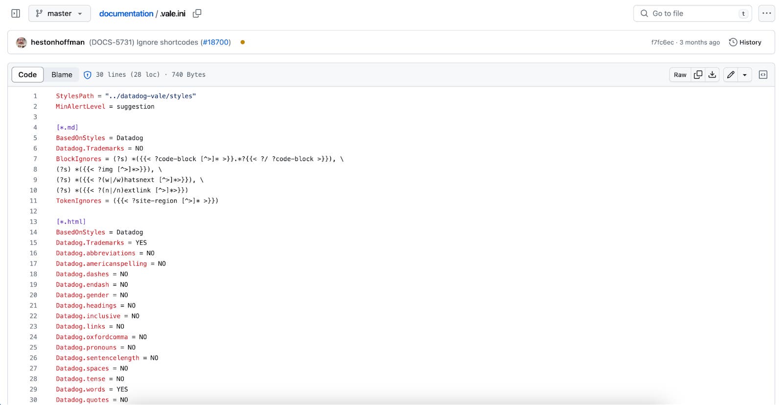 An example .vale.ini file in the Documentation repository An example .vale.ini file in the Documentation repository