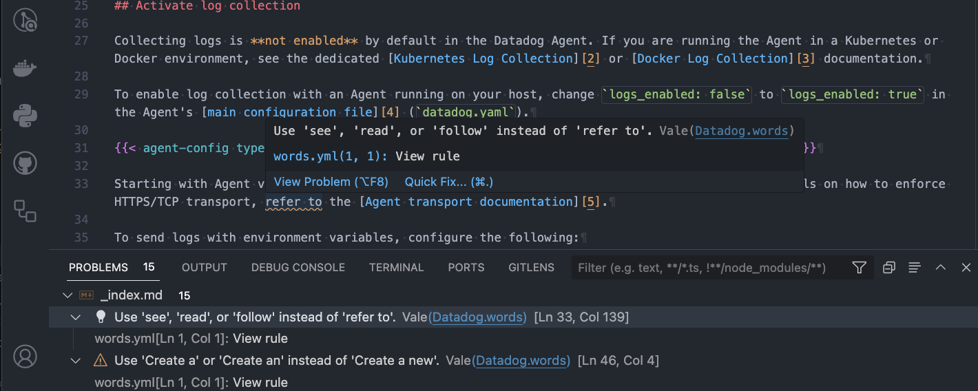 Inline style issues on the Problems tab in VS Code.