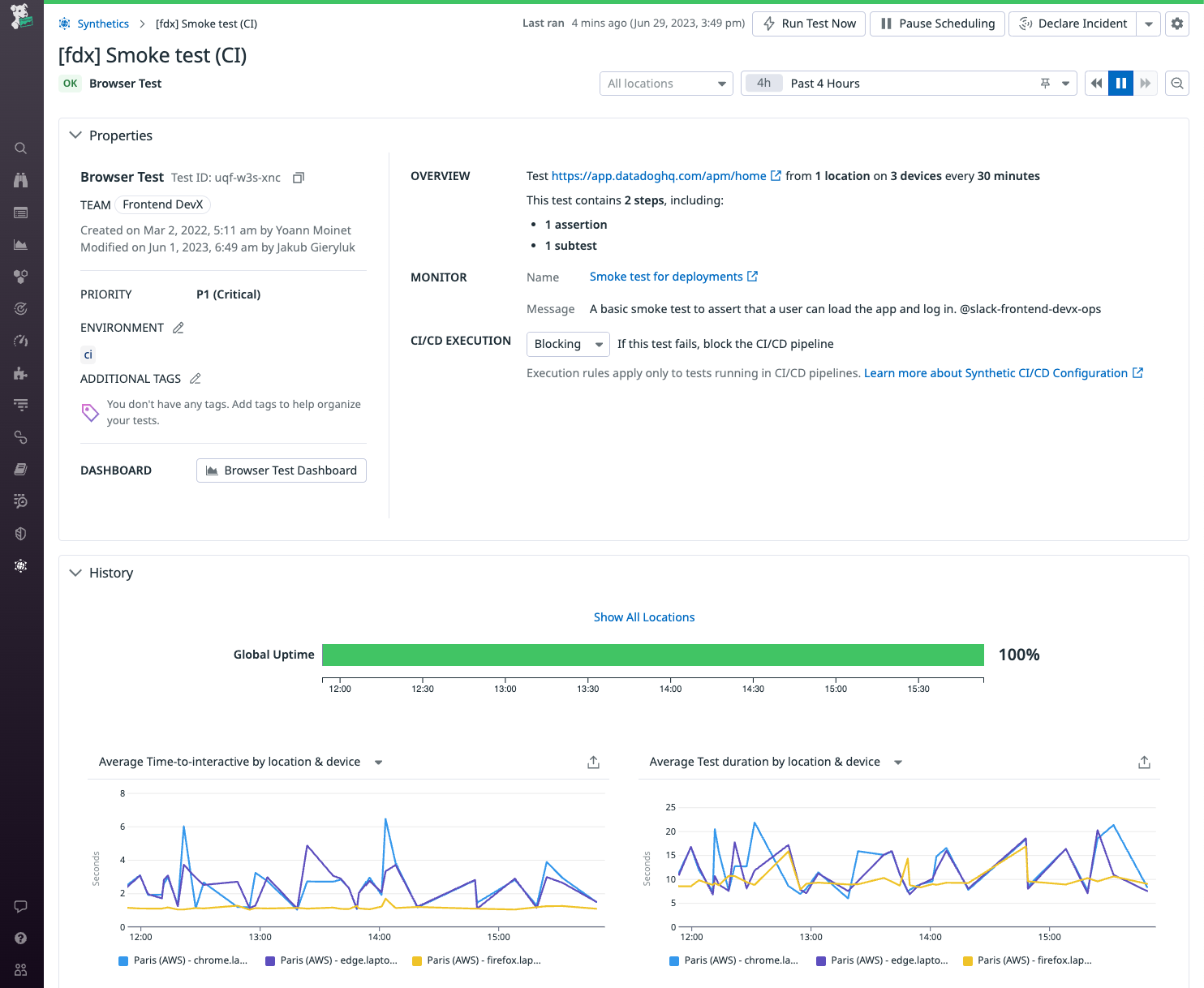 The UX Monitoring section of Datadog, showing a detailed view of a smoke test.