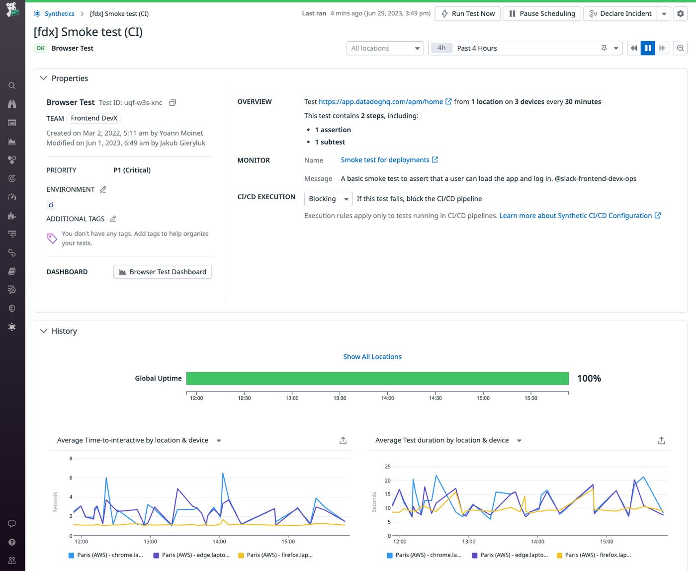 The UX Monitoring section of Datadog, showing a detailed view of a smoke test. The UX Monitoring section of Datadog, showing a detailed view of a smoke test.