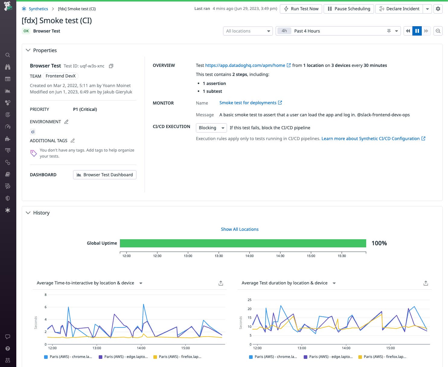 The UX Monitoring section of Datadog, showing a detailed view of a smoke test. The UX Monitoring section of Datadog, showing a detailed view of a smoke test.