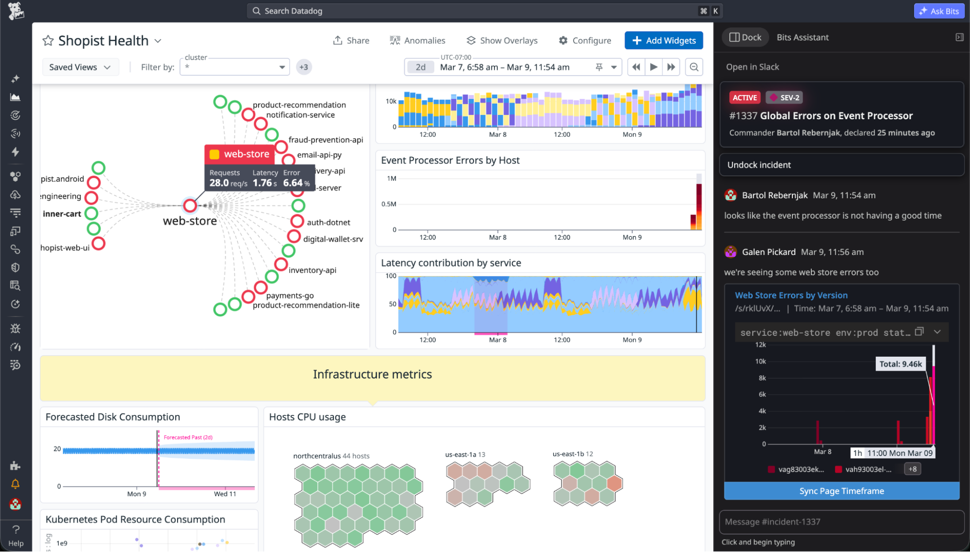 Screenshot of a Datadog dashboard with a docked incident view beside a Slack incident channel. A shared widget pasted into Slack is rendered in Datadog as an interactive graph alongside other incident context, allowing responders to correlate web store errors with related dashboard signals.