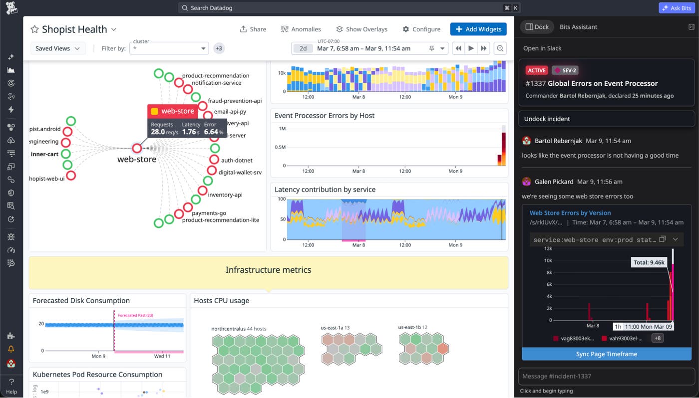 Screenshot of a Datadog dashboard with a docked incident view beside a Slack incident channel. A shared widget pasted into Slack is rendered in Datadog as an interactive graph alongside other incident context, allowing responders to correlate web store errors with related dashboard signals. Screenshot of a Datadog dashboard with a docked incident view beside a Slack incident channel. A shared widget pasted into Slack is rendered in Datadog as an interactive graph alongside other incident context, allowing responders to correlate web store errors with related dashboard signals.