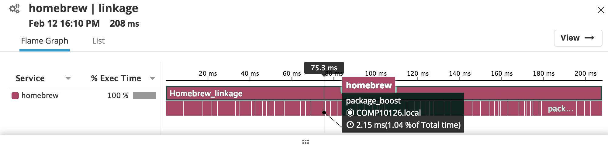 Datadog flame graph showcasing DBM implementation performance with caching.