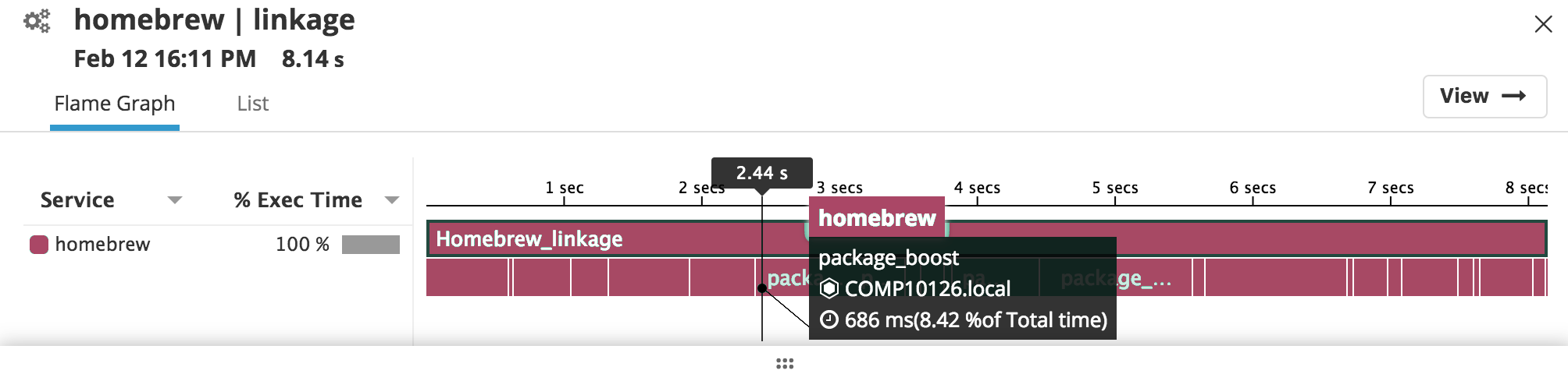 Datadog flame graph showcasing DBM implementation performance with no caching.