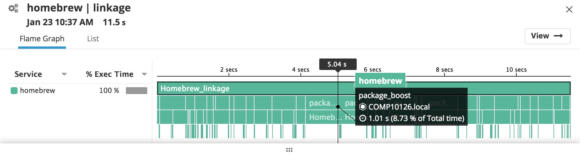 Datadog flame graph showcasing Homebrew's instrumentation. Datadog flame graph showcasing Homebrew's instrumentation.