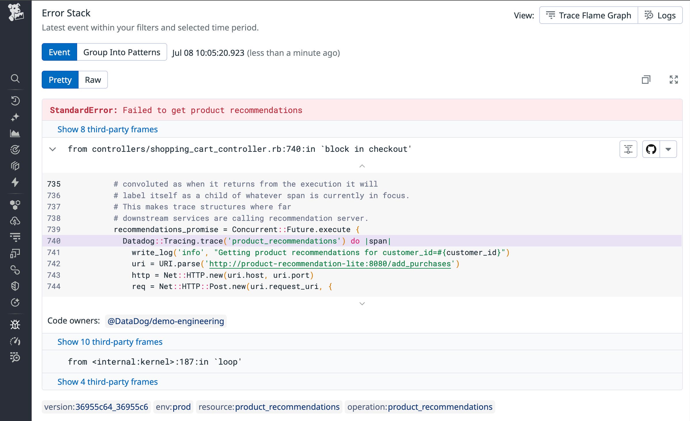 Viewing the trace where an error occurred. Viewing the trace where an error occurred.