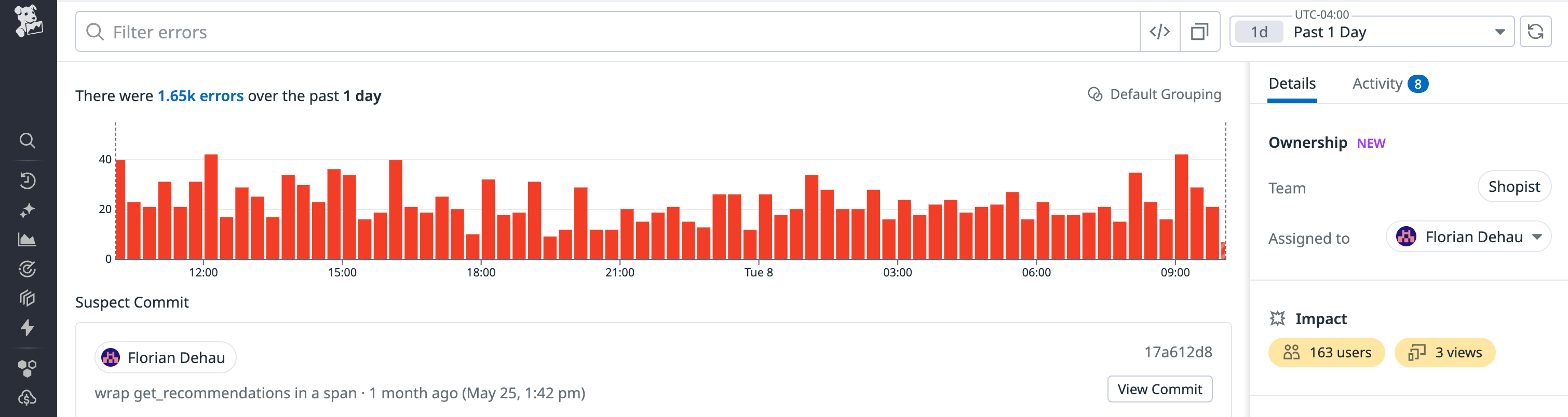 A suspect commit is flagged, possibly connected to a recent bug.