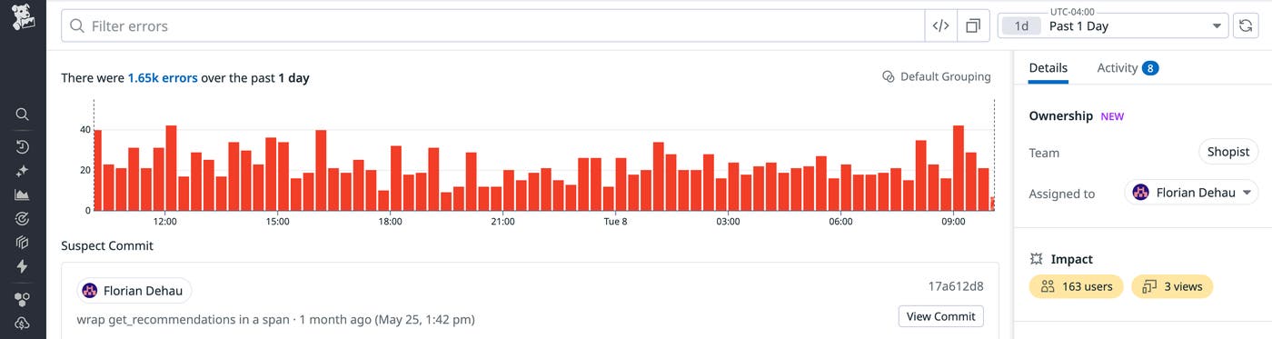 A suspect commit is flagged, possibly connected to a recent bug. A suspect commit is flagged, possibly connected to a recent bug.