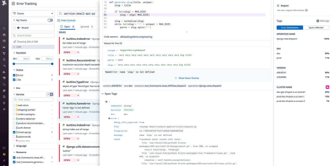 View of the variable values that caused a name error in the Error Tracking Issue View of the variable values that caused a name error in the Error Tracking Issue